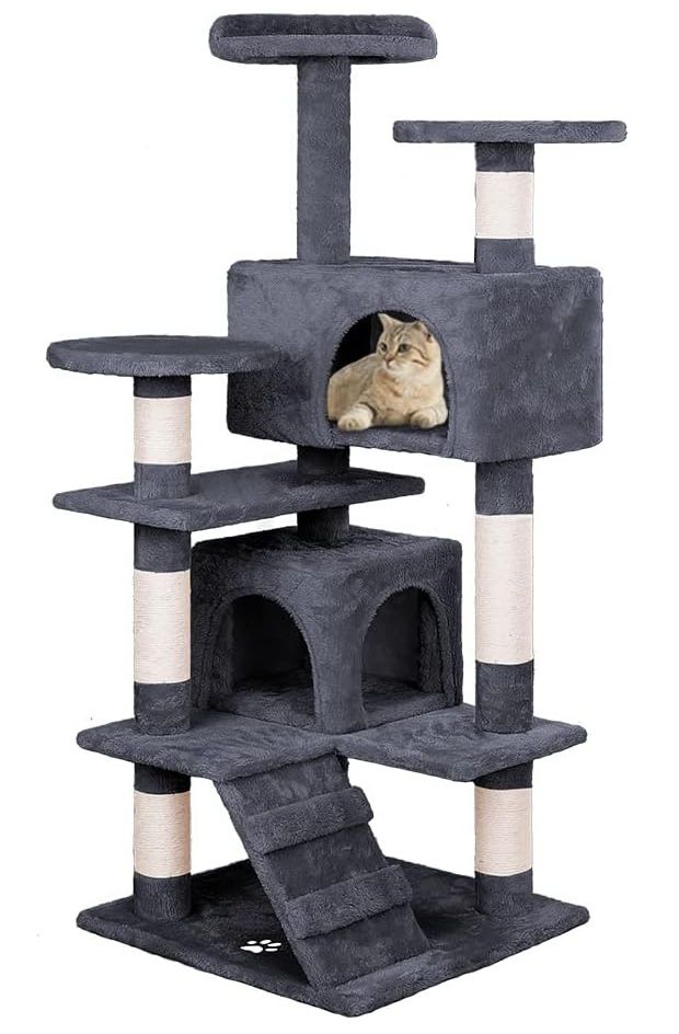 CARLA HOME 134cm Cat Tree Tower for Indoor Cats with Plush Perches, Dual Condos, Natural Sisal Scratching Posts & Ramp for Kittens & Adult Cats (Dark