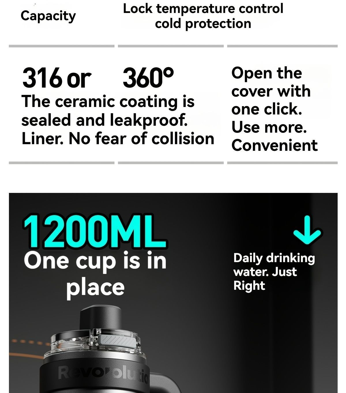 Giant Straw Tumbler Large Capacity Insulated Tumbler Ceramic Lined Cup - Metallic silver - Size porcelain-1200ml — image 4