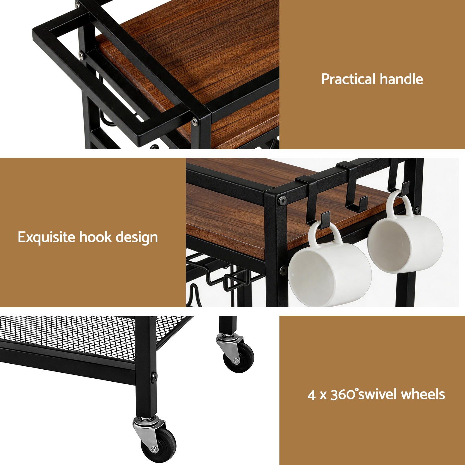 Artiss Bar Cart Drinks Trolley Serving Wine Rack Glass Holder 3 Hooks 72cm Black โ image 6