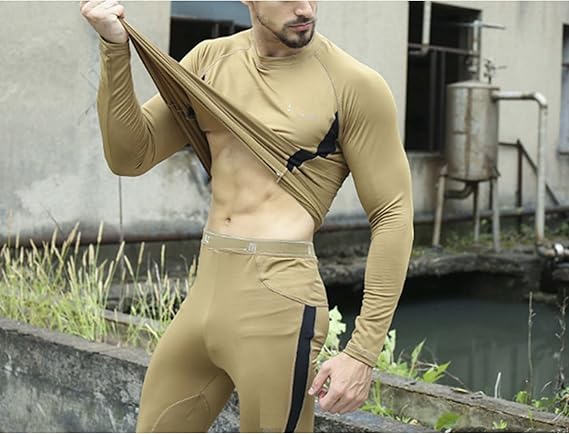 2-Pack XXL Size Men's Tactical 4-Way Stretch Fleece Lined Thermal Underwear Set(Black + Khaki) - Winter Sweat-Wicking & Breathable Sportswear for Training & — image 2