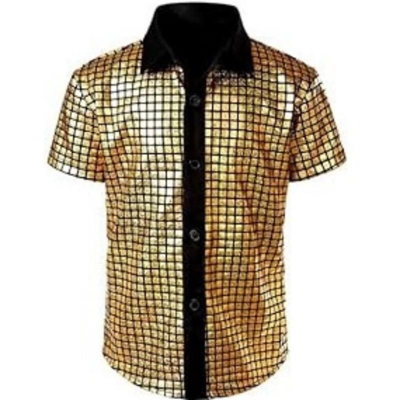 L size Men's 70s Disco Costume Set - Gold Plaid shirt with Black Bell Bottom Pants & Accessories, Retro Polyester Dance Outfit for Parties and — image 2