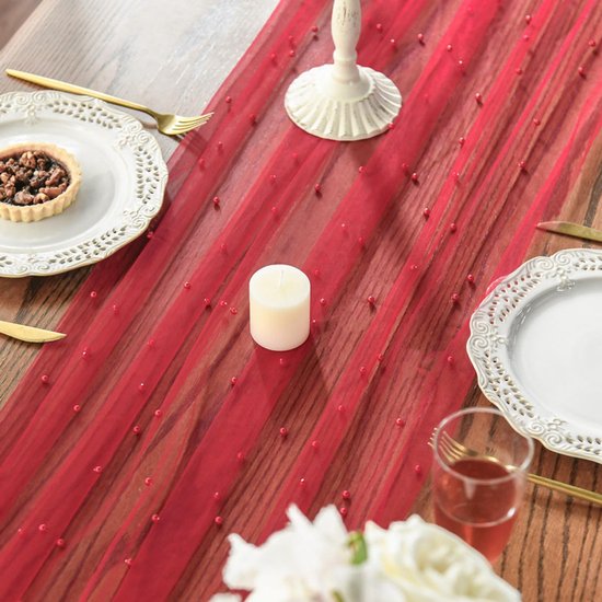 Red Table Veil with White Pearls - Silky Gauze 30x120 Inches - For Weddings, Parties & Table Decorations โ image 4