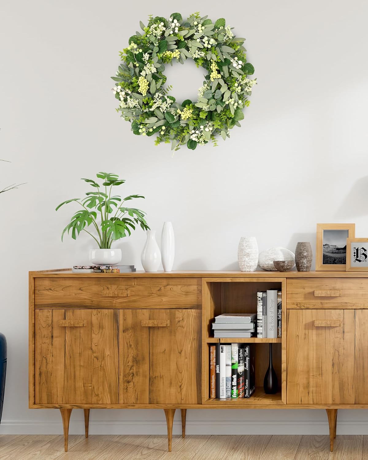 Green Eucalyptus Leaves Front Door Wreath, 24 Inch Artificial Spring Summer Greenery Wreath Front Door Decoration Boxwood with Big Berries Farmhouse Outdoor — image 5