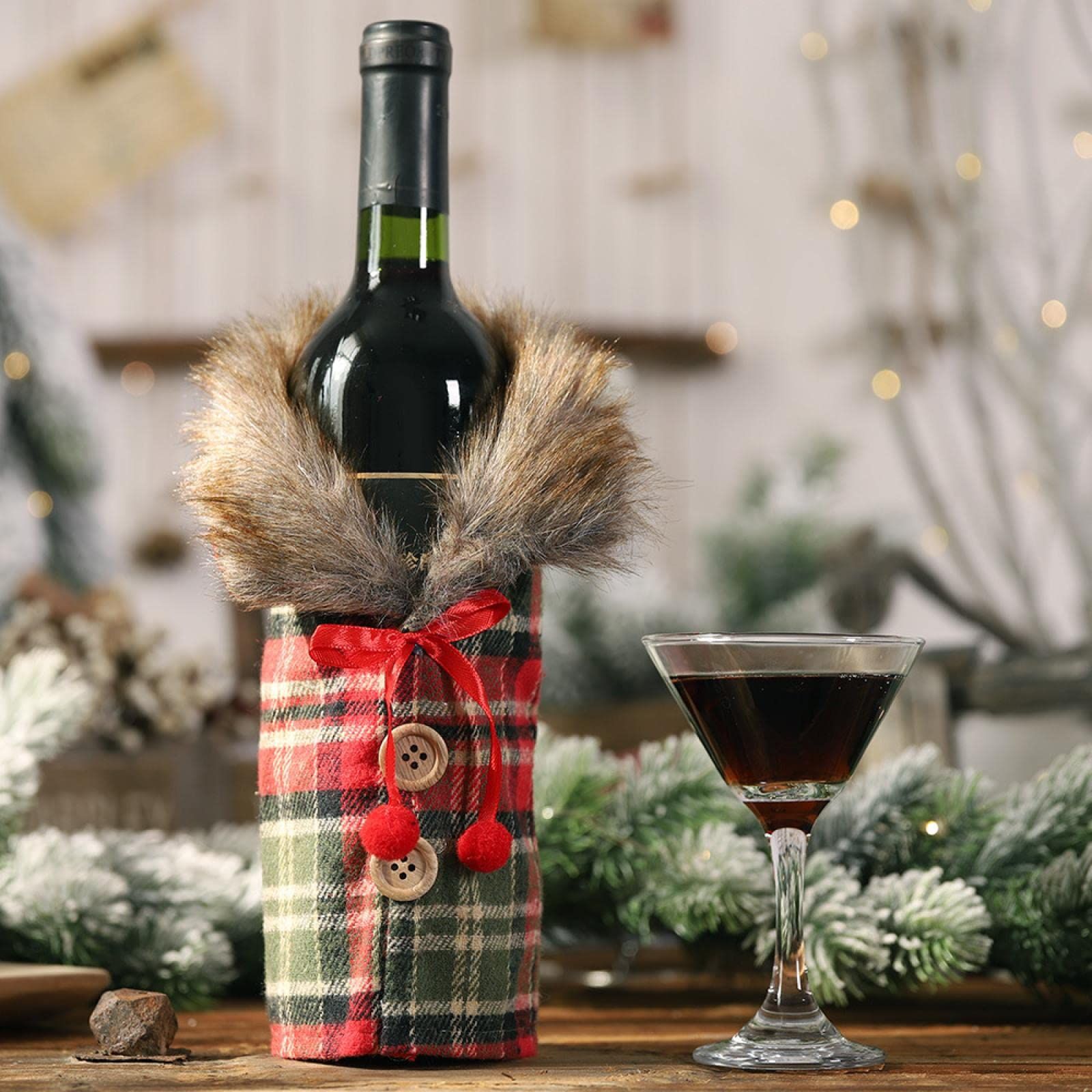 Christmas decorations, new European and American wine sets, holiday decoration props, bow, linen, fur collar, red wine โ image 5