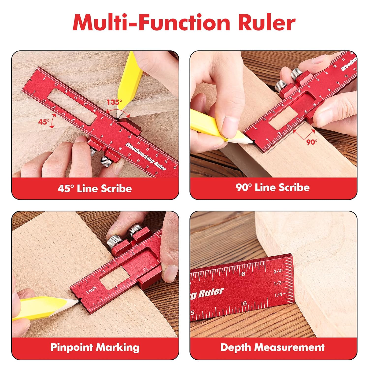3PCS Woodworking Ruler Set, Precision Pocket Ruler with Adjustable Slide Stop, Aluminum Alloy Measuring Tool for Marking & Scribing, Metal T-Track Square â image 6