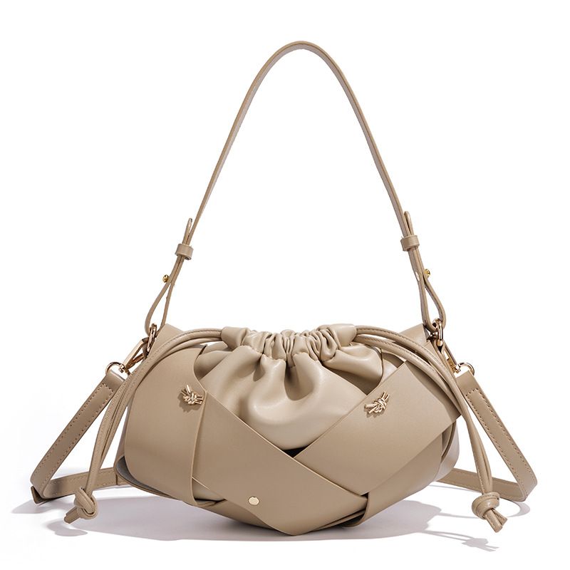 Handwoven PU Leather Drawstring Shoulder Crossbody Bag, Large Capacity Stylish Commuter Handbag with Structured Shape & Alloy Deco, Khaki 29x10x15.5cm