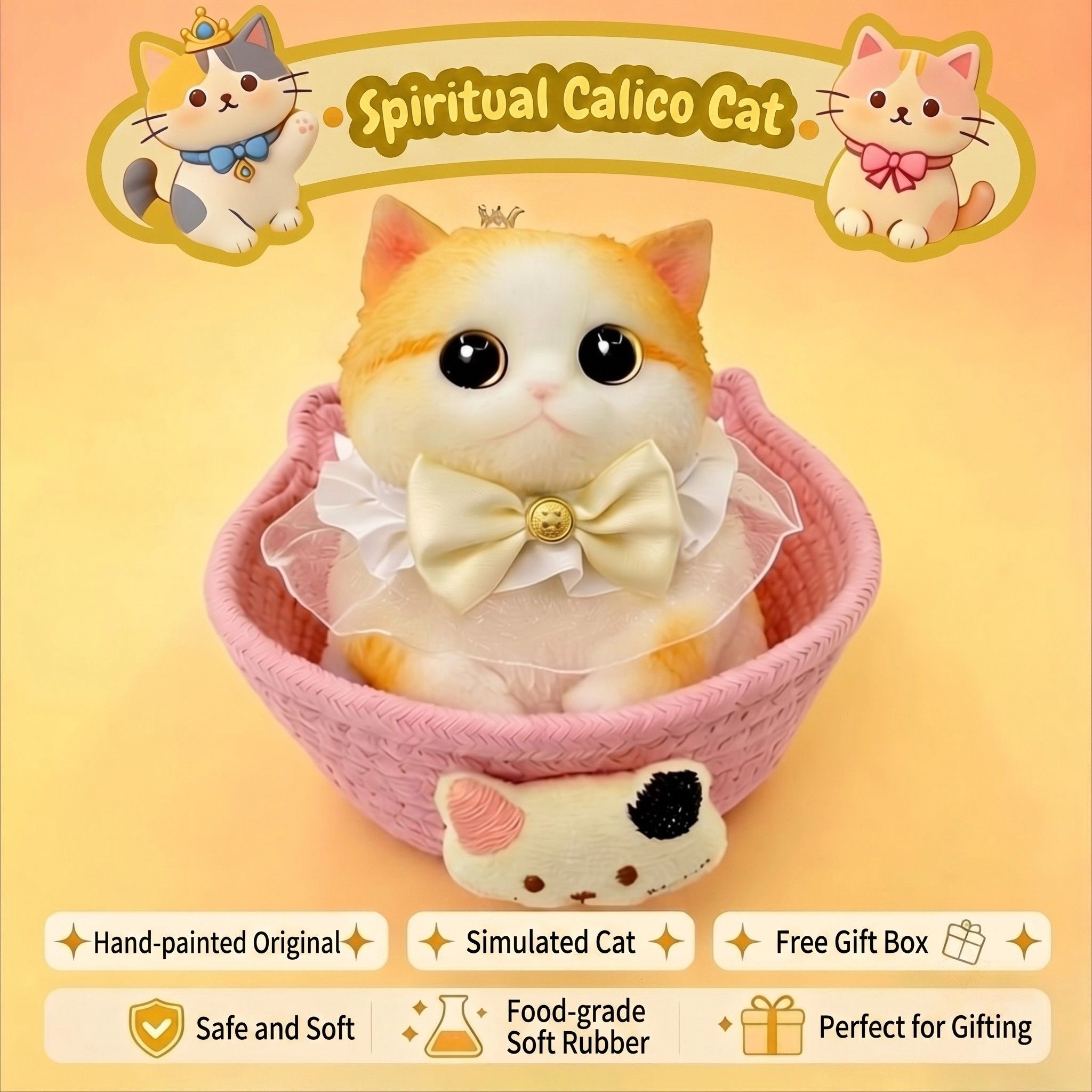 Fat Cat Squishy Toy, Lifelike Cat Plush Doll, Original Hand-Painted Design, (Kitten + Accessories + Cat Bed)/Pink orange fat baby โ image 4