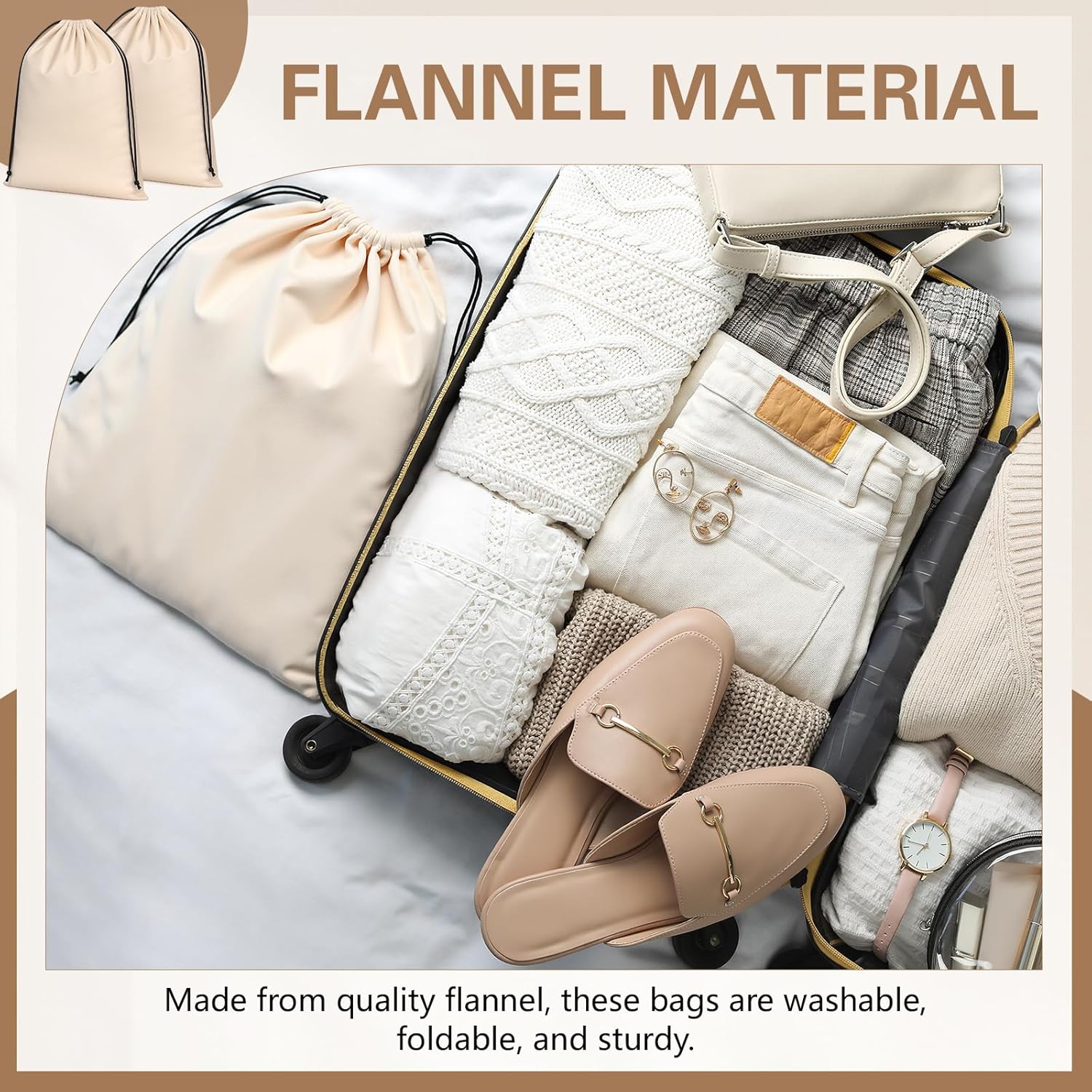 2 Pcs Silky Velvet Shoe Bags for Travel Cloth Dust Pouch with Drawstring Closure Beige Storage Packing Organizers โ image 2