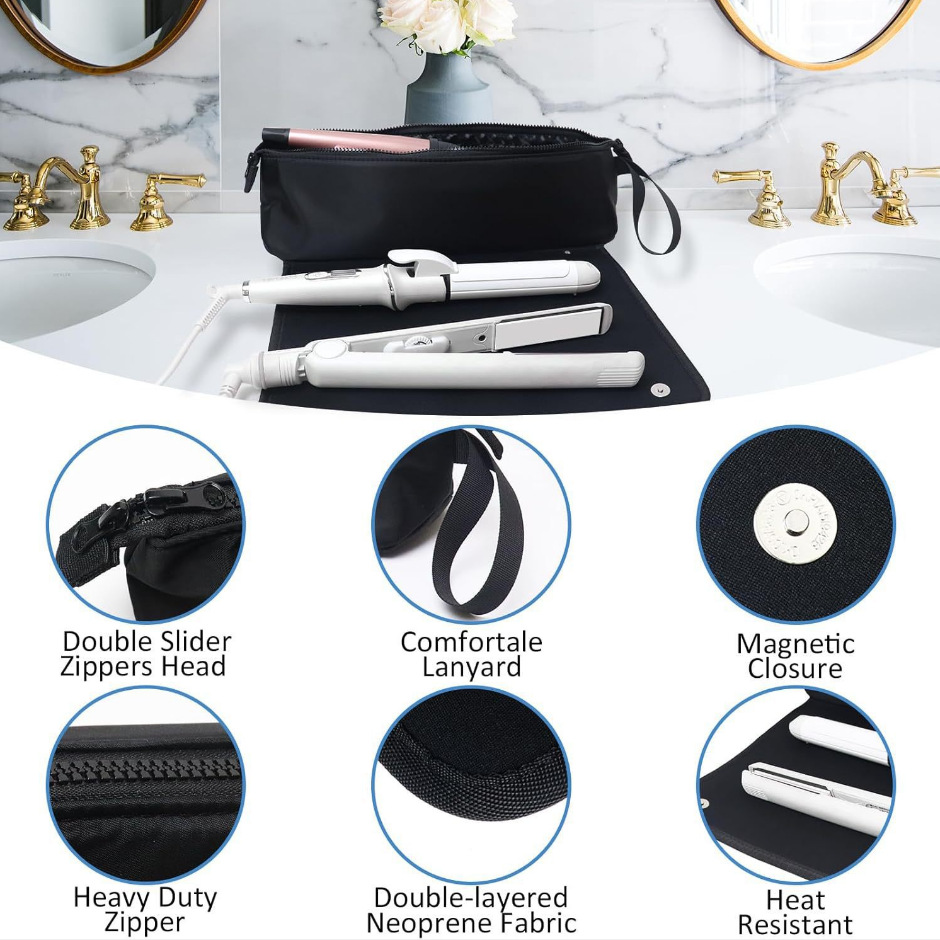 Black Premium Insulated Roll-Up Travel Case for Hair Styling Tools & Blow Dryers with Muti-Pockets (18x5.5x5 Inch) โ image 2