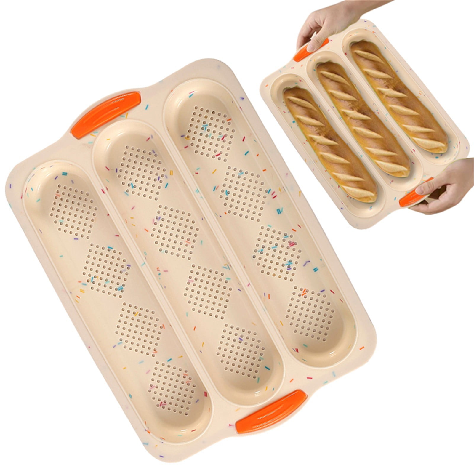 3-Slot French Bread Pan - Non Stick Silicone Baguette Mold for Hoagie, Sub Roll & Hot Dog Buns - Oven Safe Baking Tray with Vent Holes (Beige) Clearance B — image 4