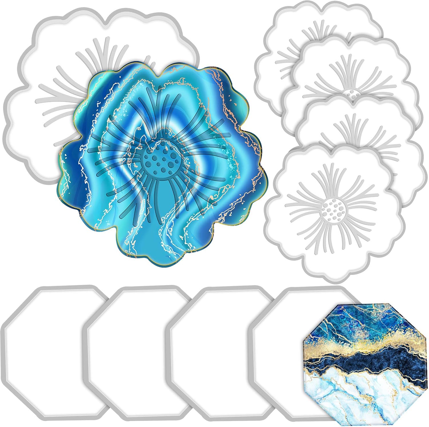 8 Pieces Coaster Silicone Resin Molds Set Include 4 Flower Coaster Resin Flower Silicone Tray and 4 Octagon Epoxy Casting Mold for DIY Artwork, and Home Decor
