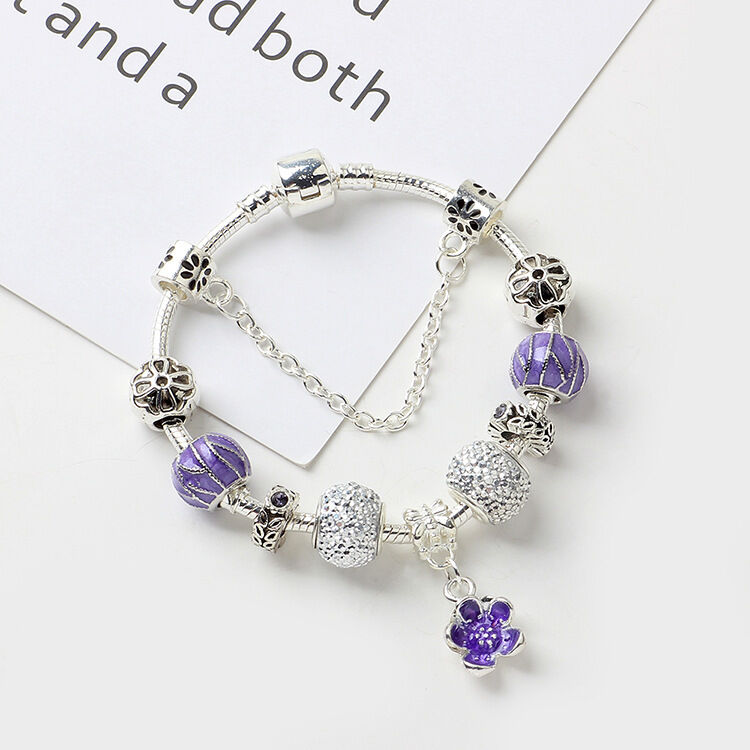 Vintage Alloy Charm Bracelet with Purple Flower Pendant, Crystal Beads(20cm) — image 3