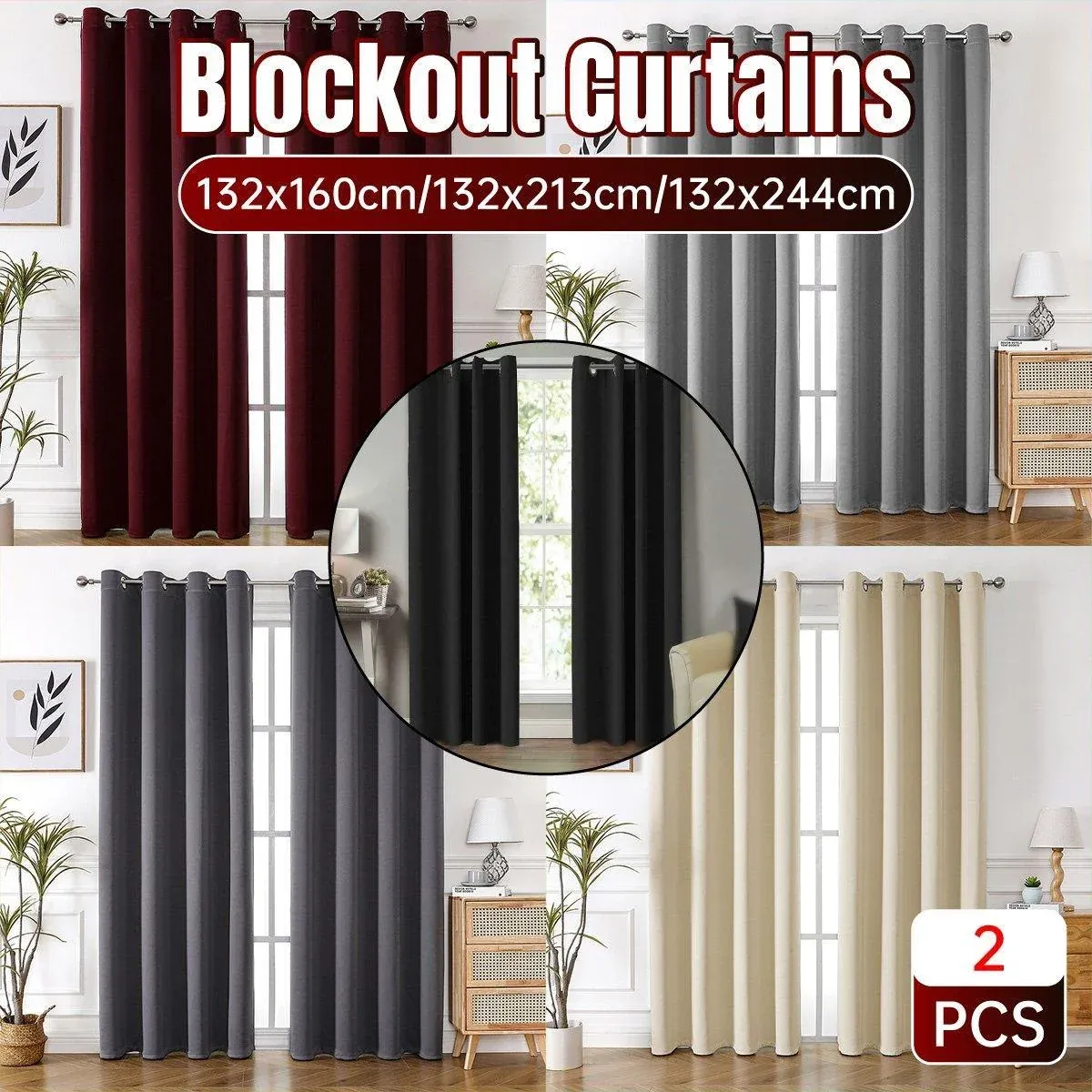 2pcs Semi Blackout Curtain Fabric Solid Colour Home Decor Drapes for Living Room - Black - 132 × 160cm — image 2