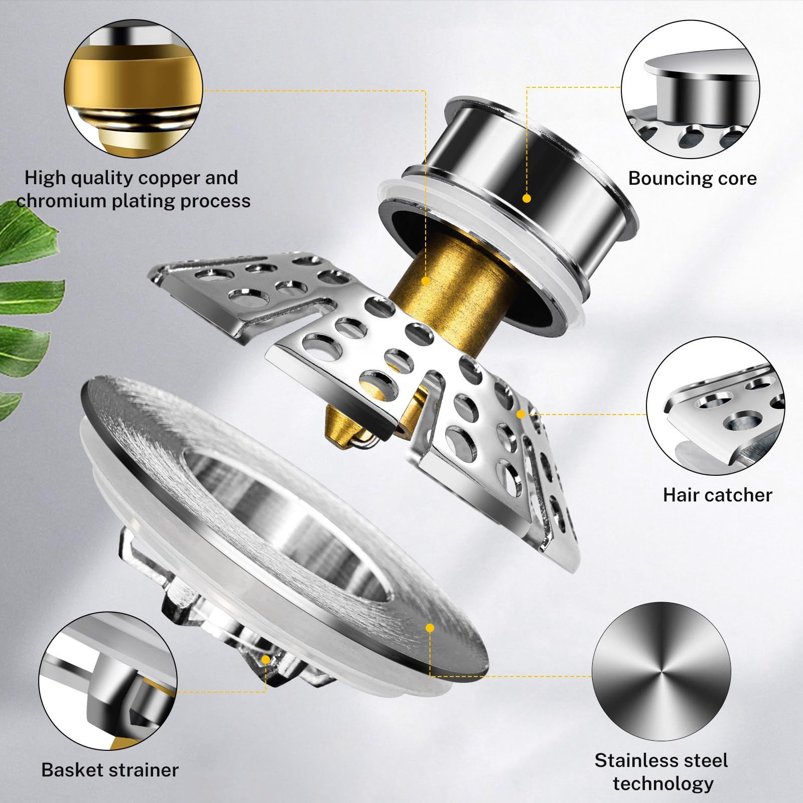 Bathroom Sink Stopper Universal 3 in 1 Pop Up Tub Drain for 1-3/8'' ~ 2'' Bath Drain Hole, Plug Drain Stopper Cover ,Silver — image 4