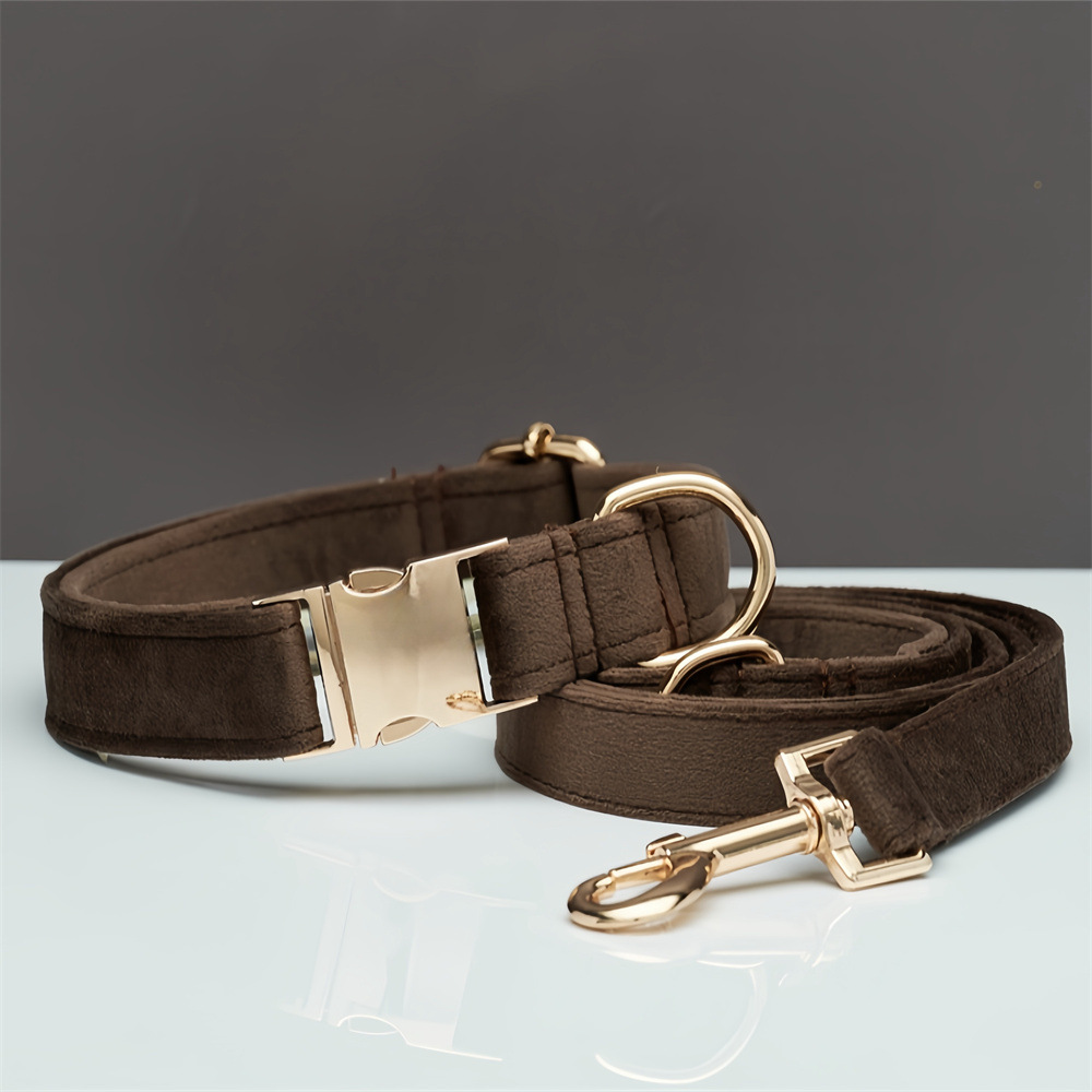 S Brown Luxury Velvet Pet Collar & Leash Set - Engravable Dog Collar with Gold Hardware