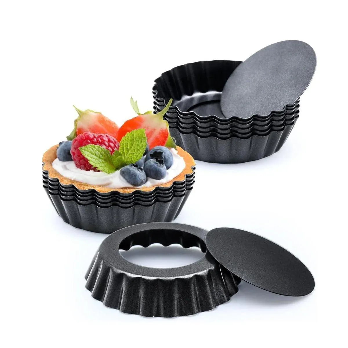 12PCS Mini Detachable Tart Mold Baking Cake Pan Nonstick Bottom Cupcake Molds - 4inch