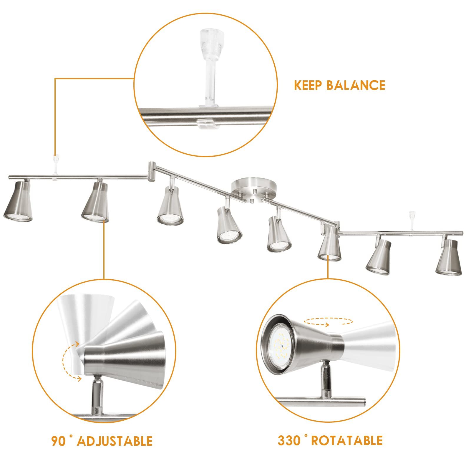 LED 8 Light Track Lighting Fixture Flexible, Adjustable Ceiling Spot Light with GU10 Track Light Head, Accent Lighting Foldable Swing Arm Brushed — image 4