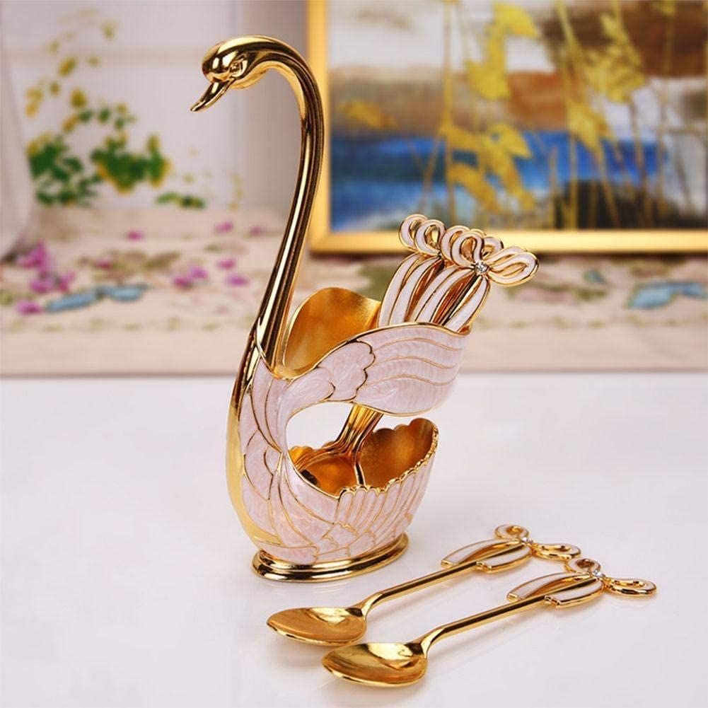 Fruit Dessert Flatware Swan Base Holder Metal Coffee Spoon Organizer with 6pcs Coffee Dessert Sugar Ice Cream Spoons (Gold) โ image 5