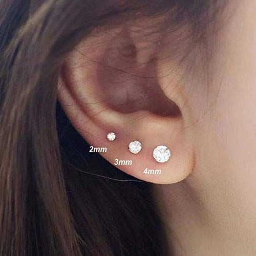 2-8mm Sterling Silver Cubic Zirconia Stud Earrings Set Hypoallergenic Tiny Round Ball White Gold Plated Round Cut