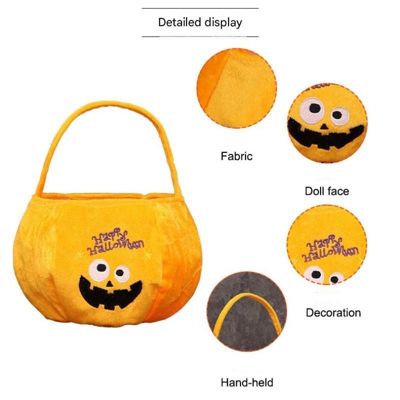 Yellow bag with a pumpkin pattern - Plush Halloween Trick or Treat Candy Bag - Polyester Tote with Embroidered Face, Lightweight Portable Goody Pouch — image 4