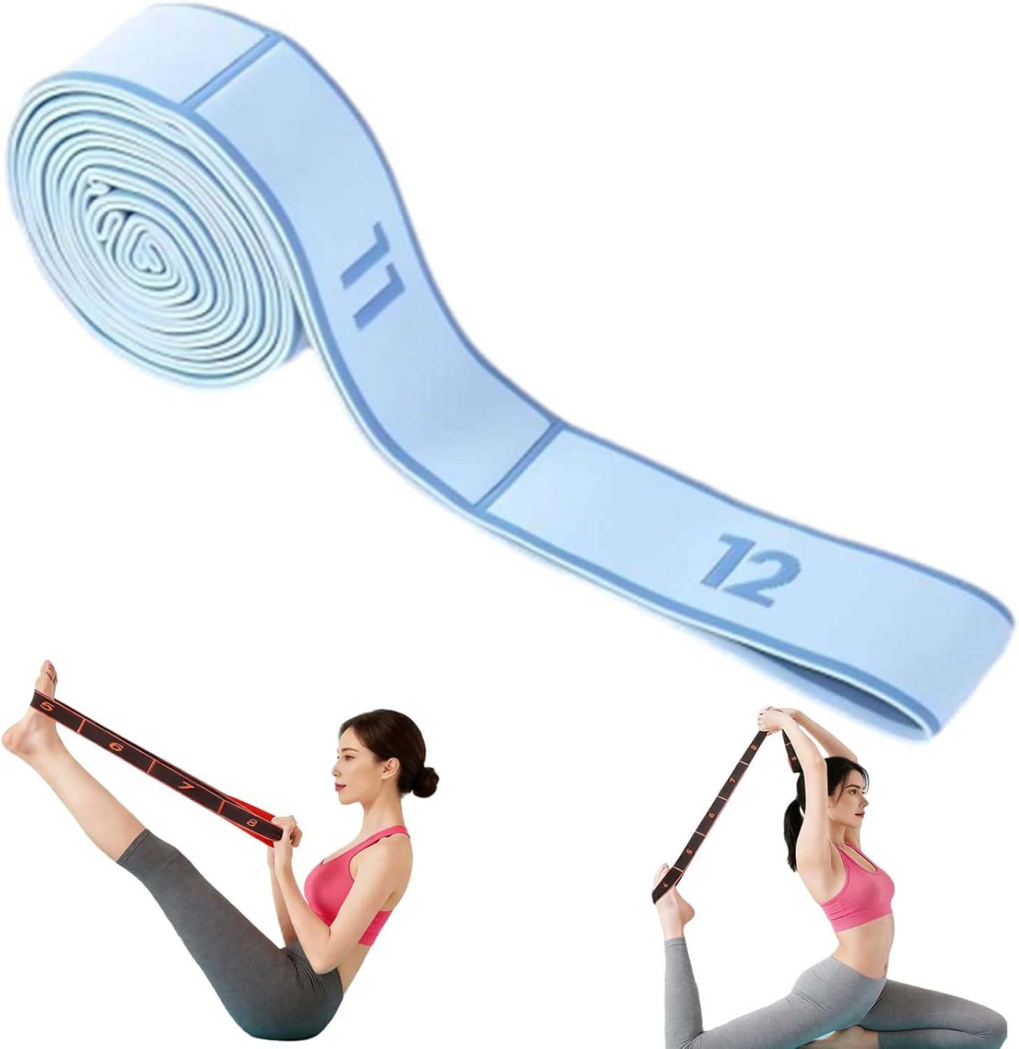 2-Pack Blue 12-Loop Numbered Yoga Stretch Strap(4 × 138CM) - Durable Multi-Segment Resistance Fitness Band for Pilates & Gym