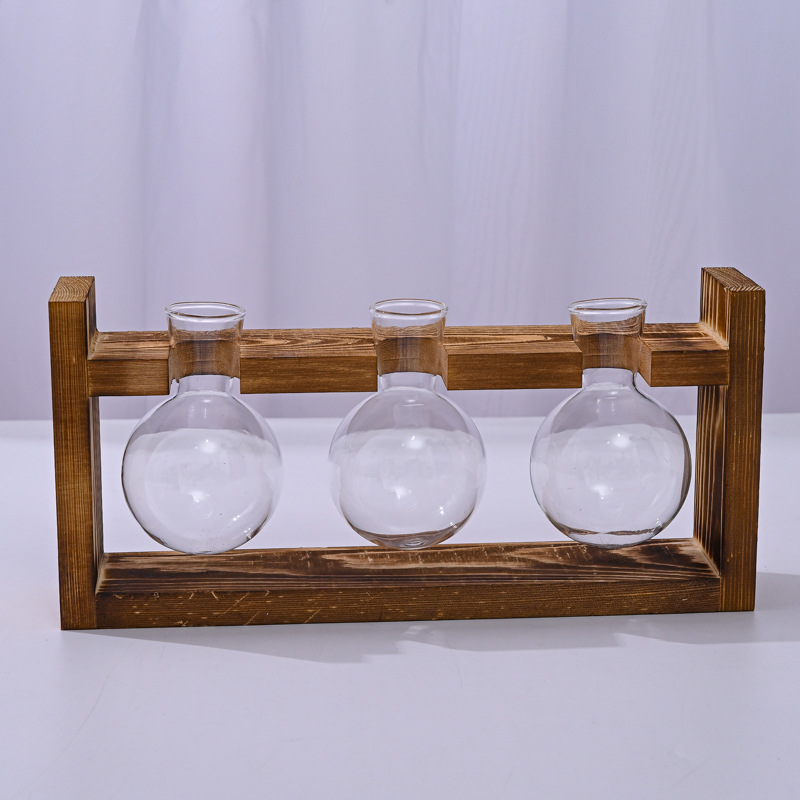 Brown Desktop Plant Propagation Station - Rustic Wooden Stand with 3 Glass Bulb Vases for Hydroponics & Cuttings — image 2