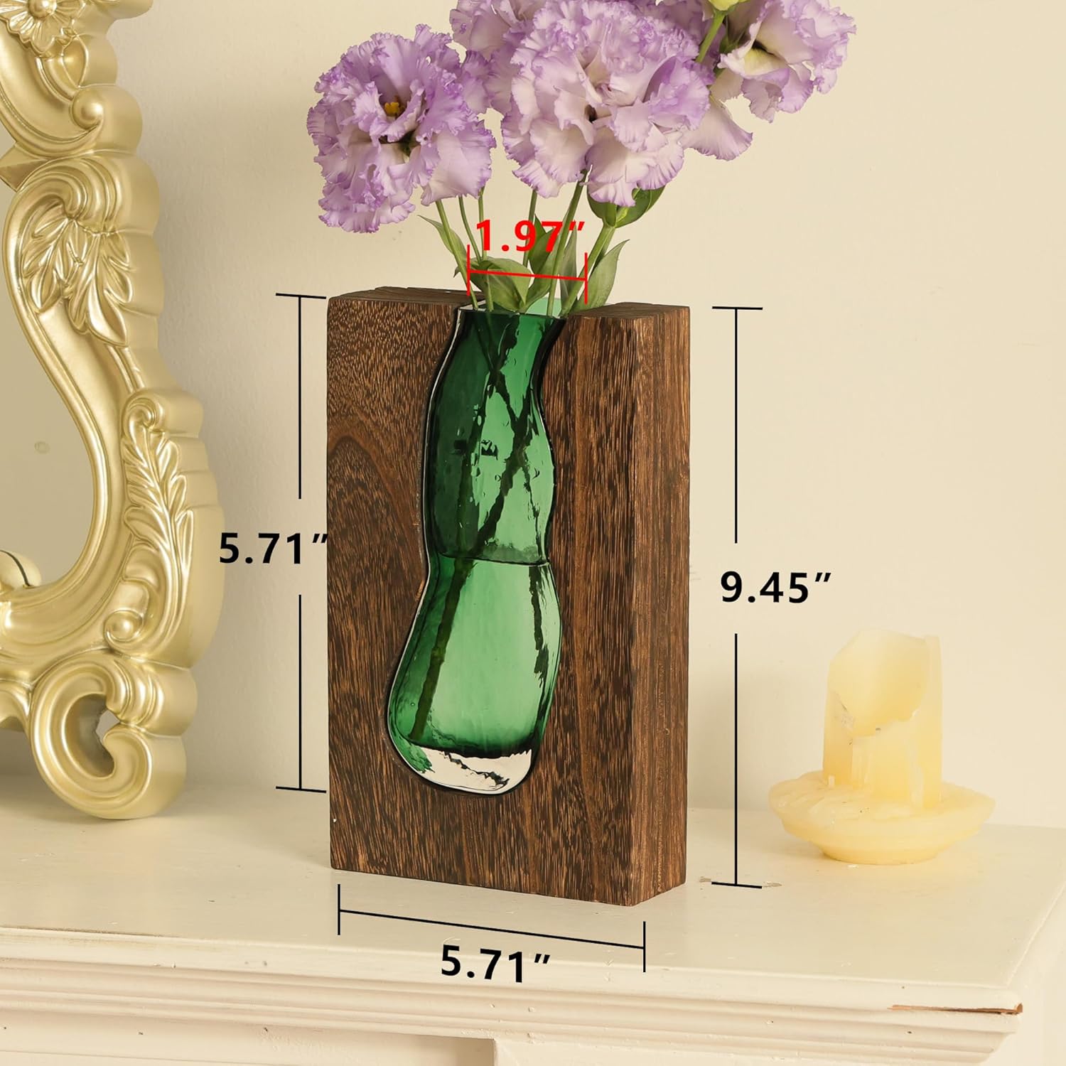 Vase with inlaid wood and glass - Rustic style wood and glass vase - Solid wood and glass vase - Vase for home decor - Table decoration (9.45 inches) — image 5