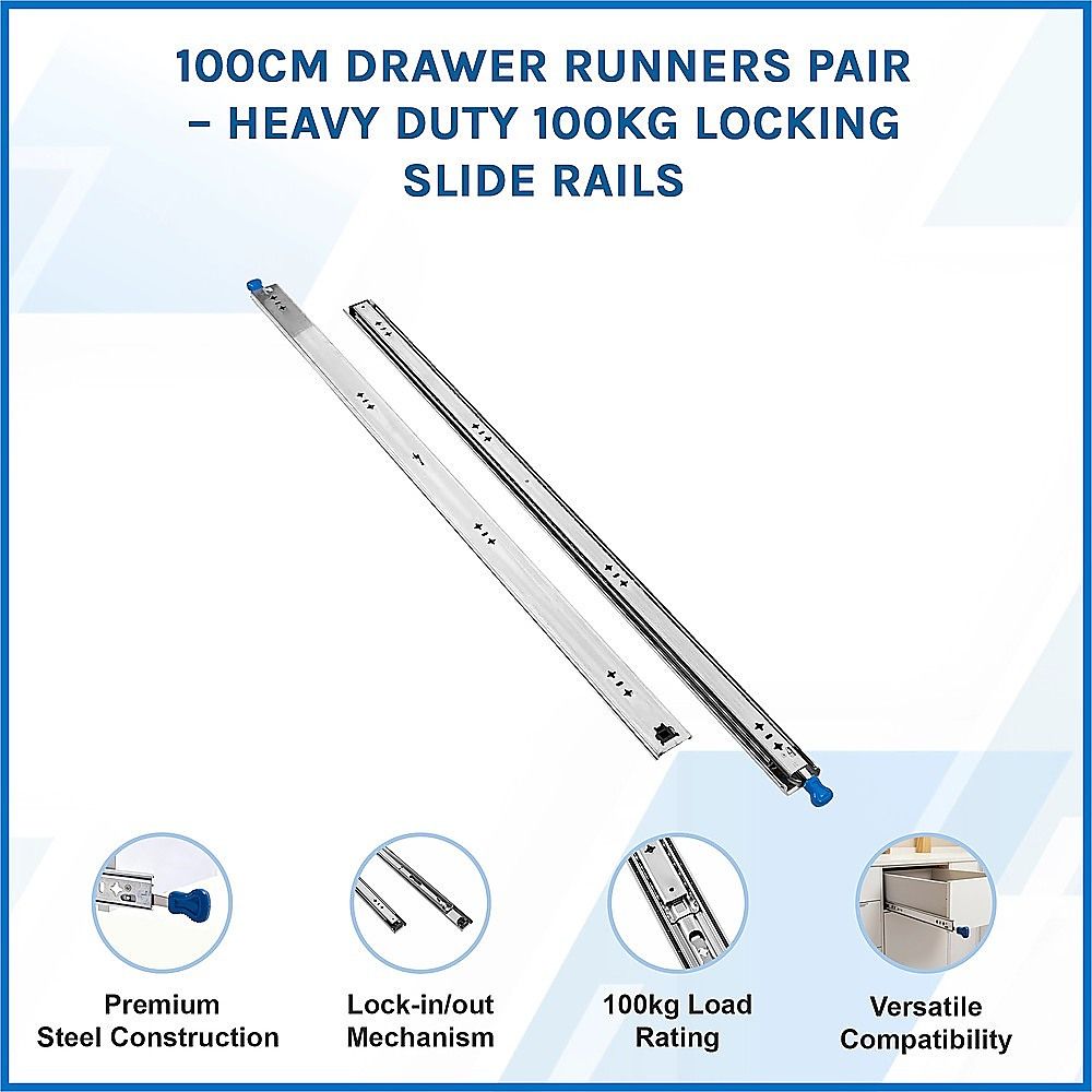 100cm Drawer Runners Pair – Heavy Duty 100kg Locking Slide Rails — image 3