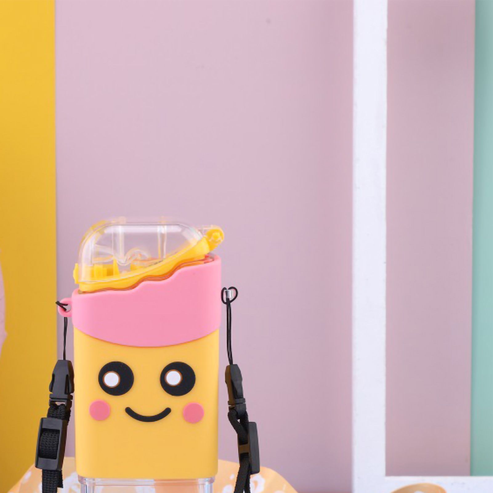 Portable Water Cup Cute Cartoon Design Large Capacity Plastic Water Bottle with Carry Cord Straw for Students Style 1 301ml‑400ml — image 3