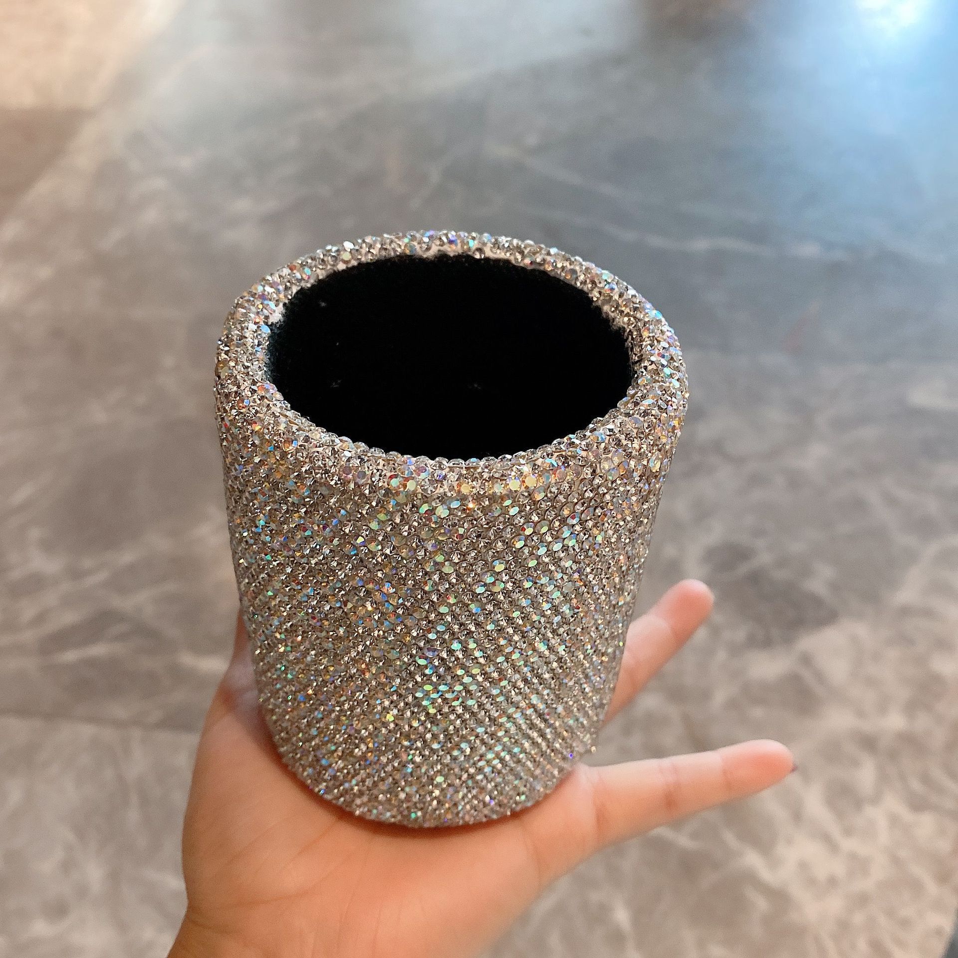 crystal Pencil Pen Pot Holder Box Bling Rhinestone Pen organizer Holder Cosmetic Pen Container Luxury diamond studded multi-purpose storage small round bucket — image 4