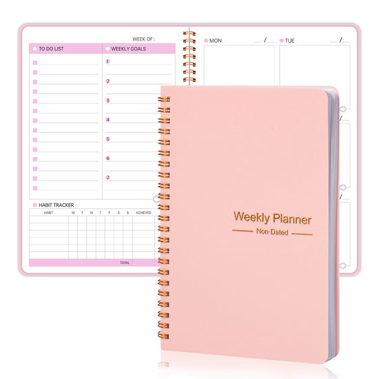Weekly planner - Notebook for weekly to-do list - With goals and habit tracker - A5 format - Spiral binding - Unisex (Pink, Type B)