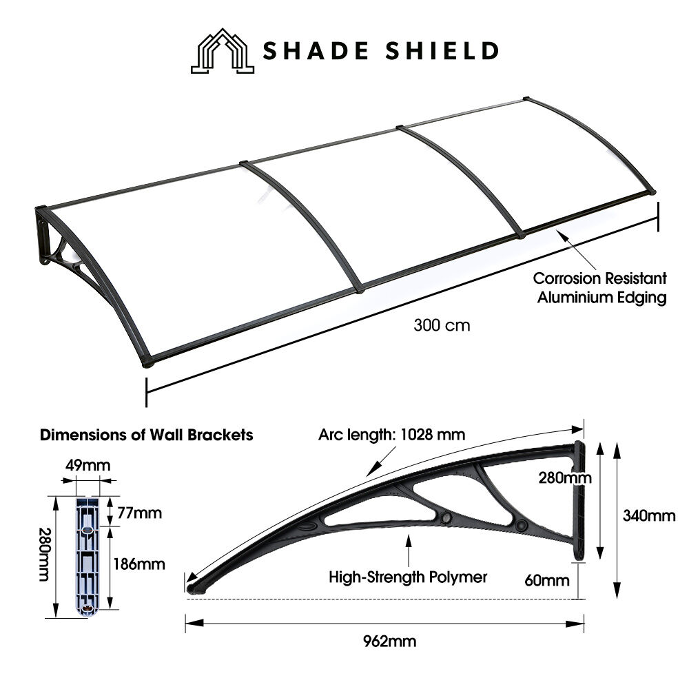 SHADE SHIELD 3 × 1m Aluminium Exterior Awning, Black DIY External UV Rain Protection Clear Polycarbonate Canopy Cover — image 2