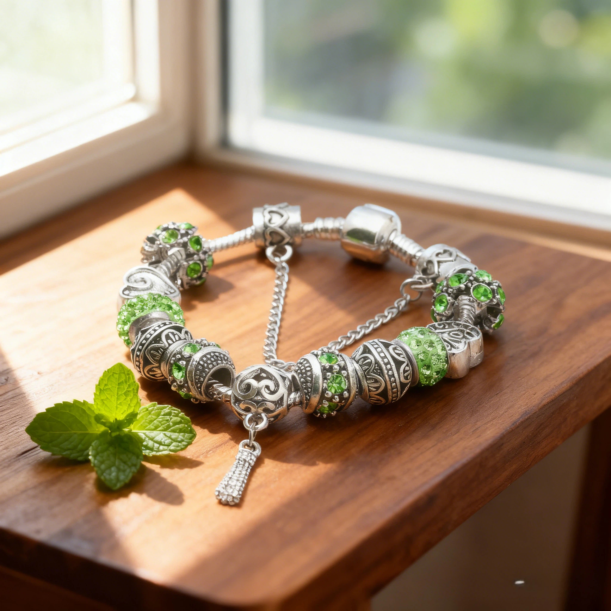 Women’s Vintage Silver-Plated Charm Bracelet - Crystal-Embedded Hollow Carved Multi-Bead Fashion Jewelry(green-19cm) — image 2