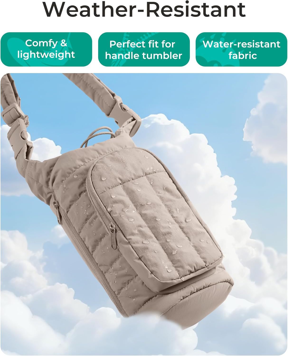 Black Quilted Water Bottle Carrier Bag with Large Phone Pocket - Insulated Tumbler Pouch with Adjustable Shoulder Strap - Crossbody Water Bottle Holder for18oz — image 6