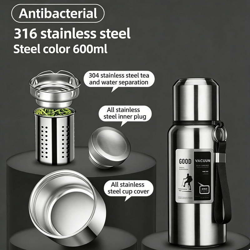 Antibacterial 316 Stainless Steel Vacuum Flask 600ml | Tea Infuser & Insulated Bottle for Hot/Cold Drinks (Bright silver)