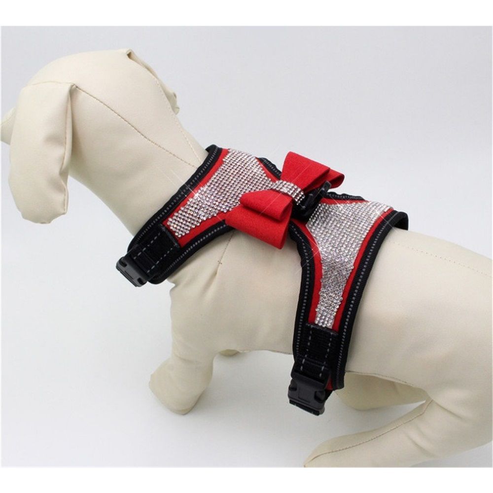 Reflective Dog Harness with Rhinestone, Cute Bling Ties Dog Harness Dog Leash, Reflective Chest Strap with Shiny Bow (M, red) โ image 4