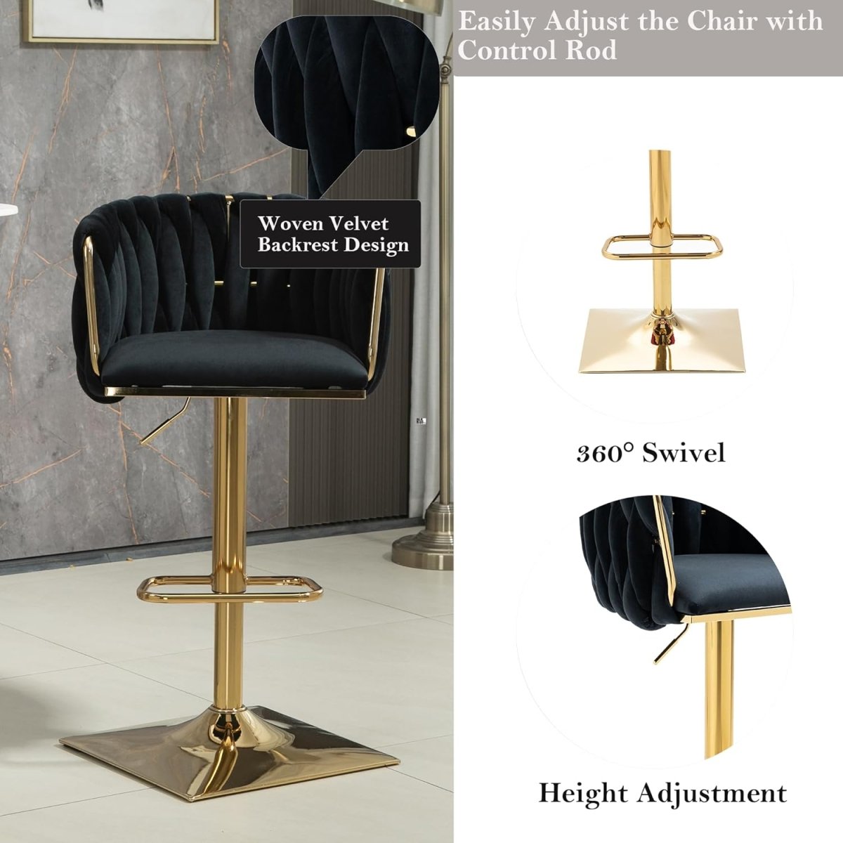 SERENITà Modern Velvet Breakfast Bar Stools Swivel Barstools Adjustable Counter Stools with Backrest Set of 2 Black — image 6
