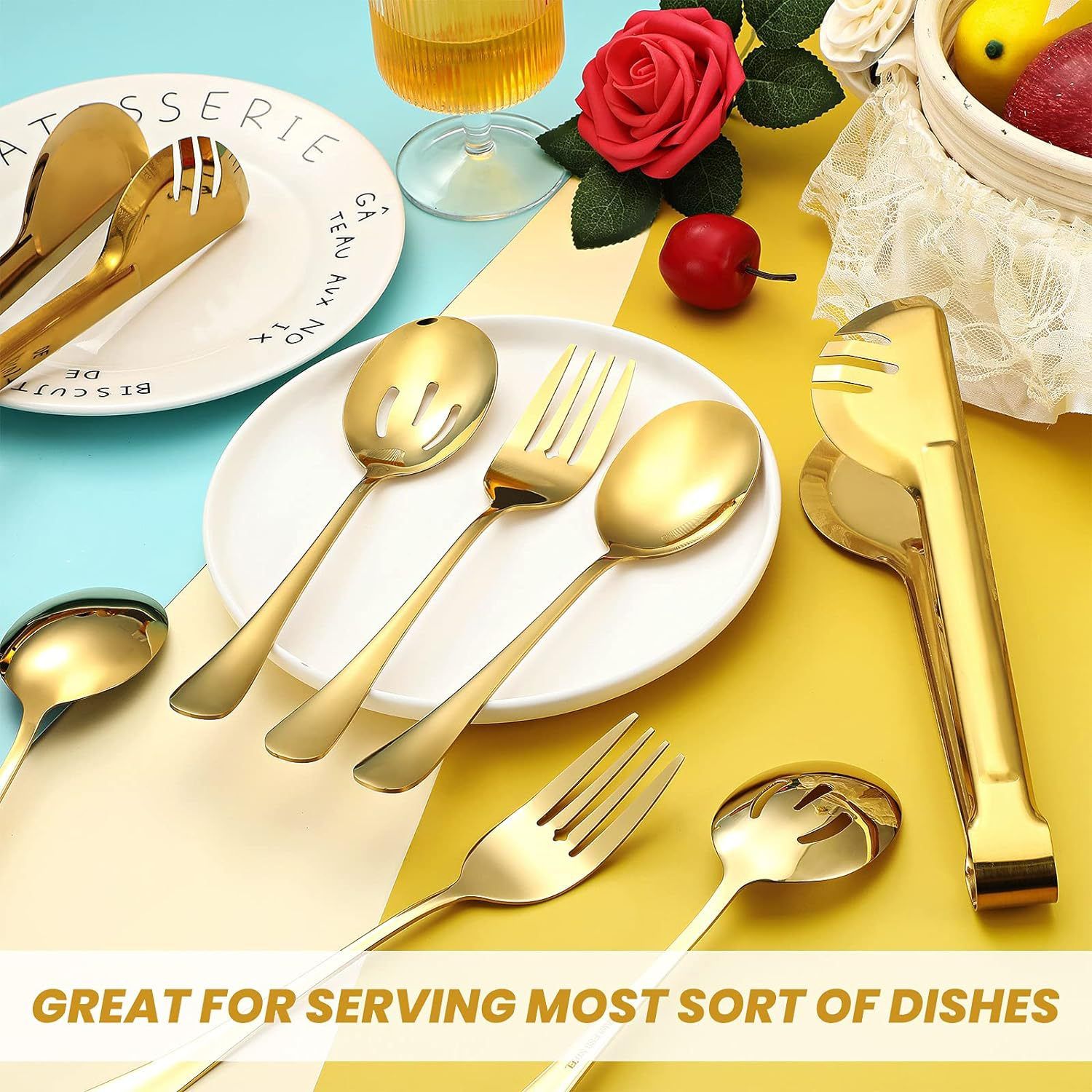 8Pcs Stainless Steel Serving Utensil Set, Spoon Colander Fork Food Tong For Home Restaurant Buffet — image 5