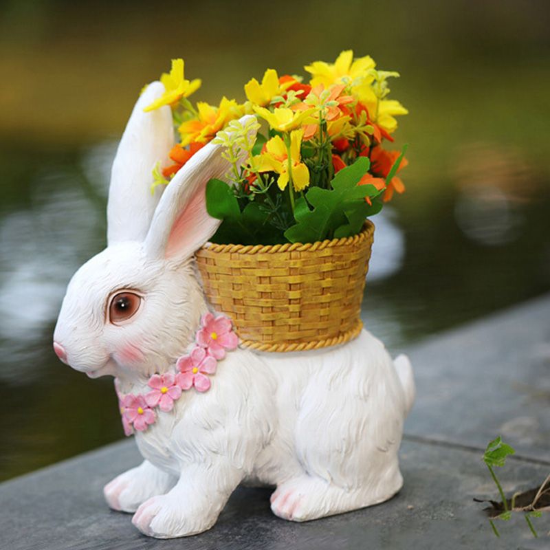 Rabbit Flowerpot Resin Process Rabbit Ornament with Back Basket Outdoor Decoration for Courtyard Garden White โ image 5