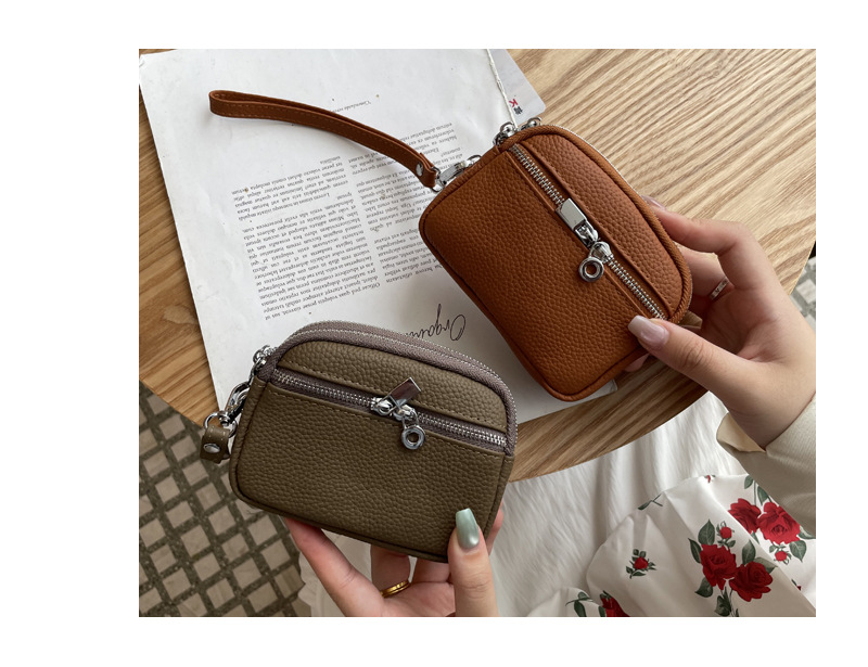 Dark Pink Women's Mini Genuine Leather Coin Purse Double Zipper Organiser Multi-function Wristlet Wallet — image 4