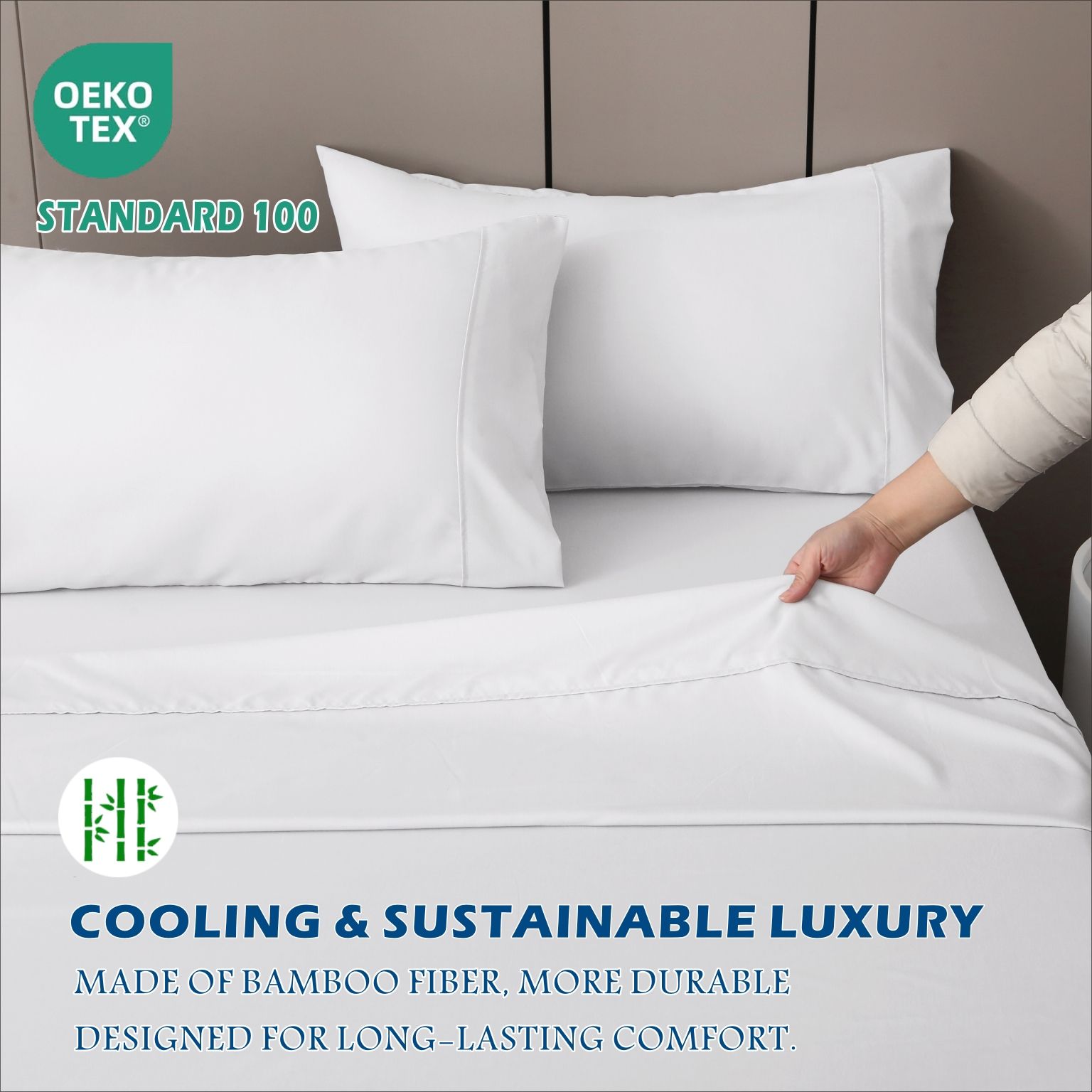 3 Piece Hotel Bamboo Cooling Sheet Set -Ultra Soft 2000TC Breathable Bed Sheets Set with 37 Centimetre Deep Pocket-Cooling Sheets for Hot Sleepers(White,King — image 6