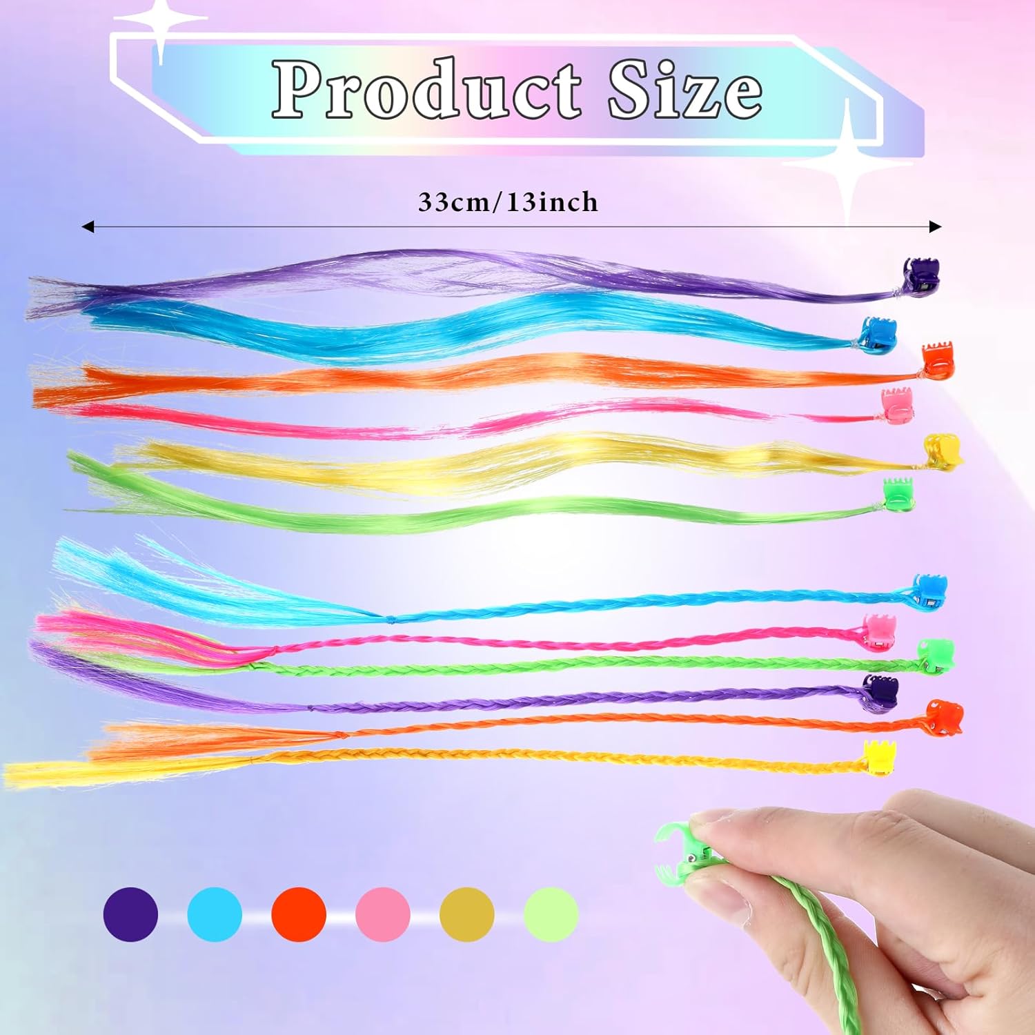 Vin Beauty 36 Pack Colored Hair Extensions for Girls, Clip-In, 33cm Length, Pink, Blue, Purple, Orange, Green, Yellow, Braid & Straight Styles