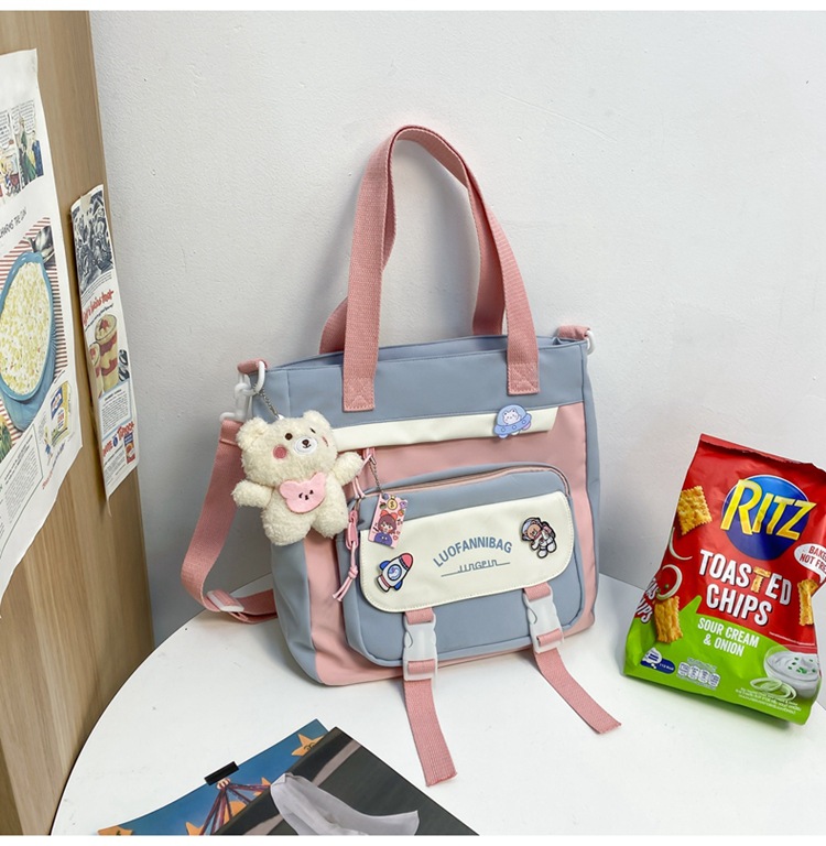 Women's Kawaii Purple Shoulder Bag with Cute Bear Plush Charm and 4 Badges Large Capacity Nylon Tote School Handbag — image 5