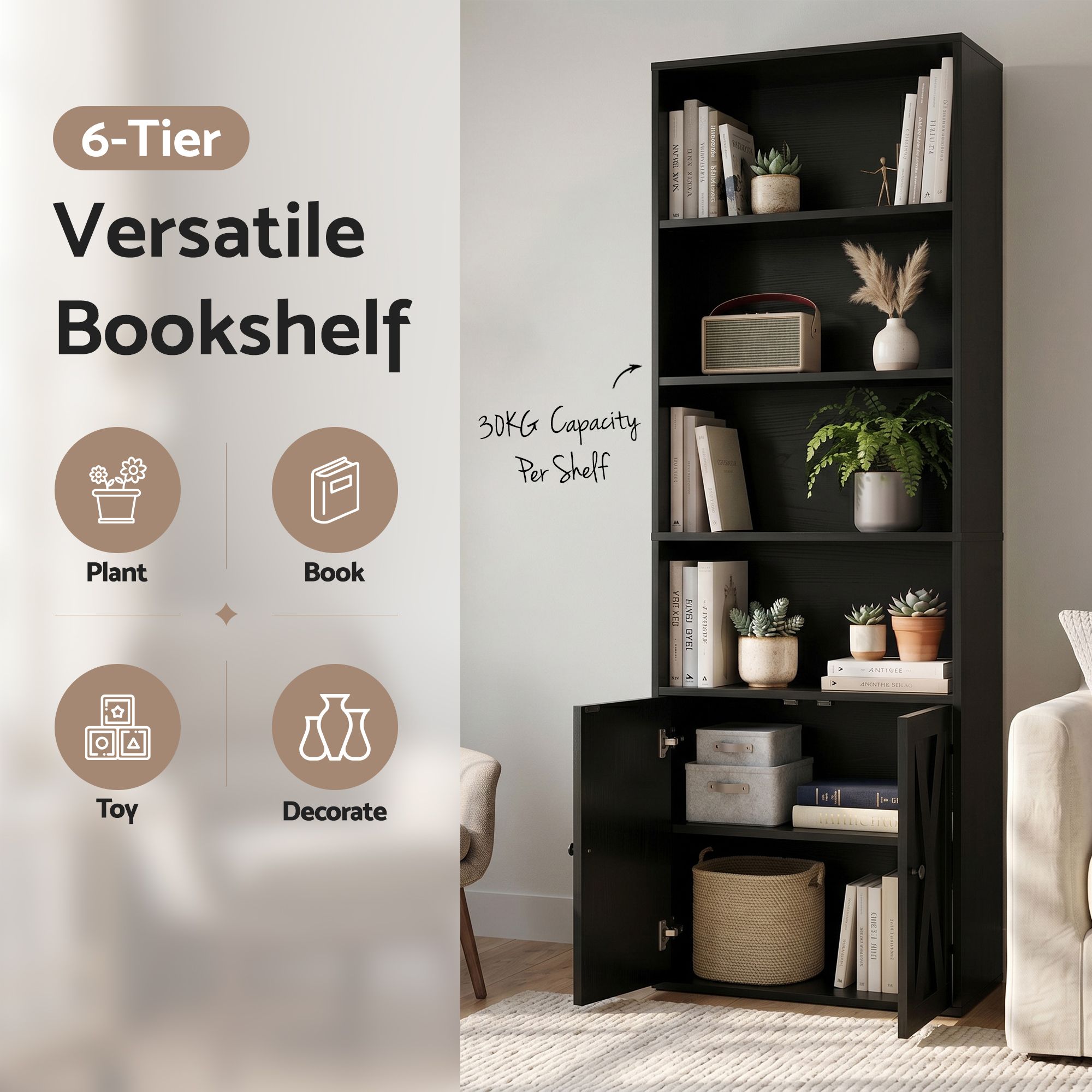 Artiss 6-Tier Bookshelf Display Cabinet Storage Black โ image 5