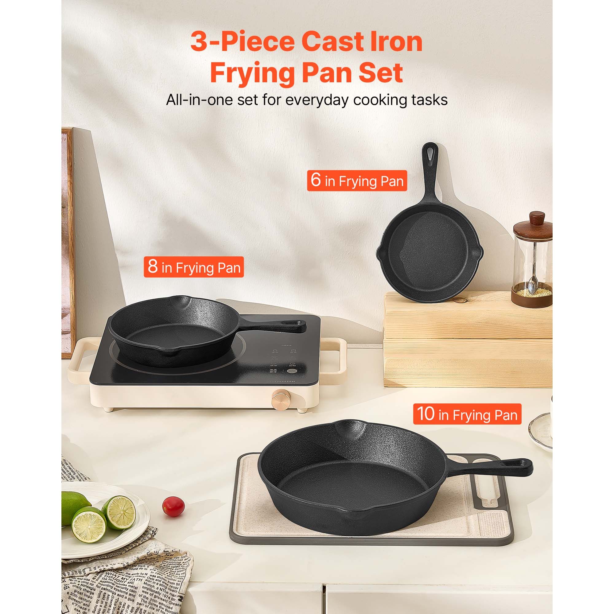 Cast Iron Skillet, 3 Pcs Frying Pan Set (160, 220, 265 mm), Heavy-Duty Skillets with Heat-Resistant Handle, Pre-Seasoned Chef's Pan, Kitchen Cookware โ image 2