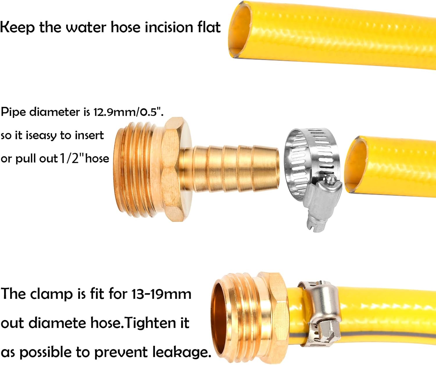 Brass Garden Hose Connector Repair Mender Kit with Stainless Clamp,Fits 1/2" Water Hose Fitting,3 Sets(1/2" Barb x 3/4" GHT) โ image 3