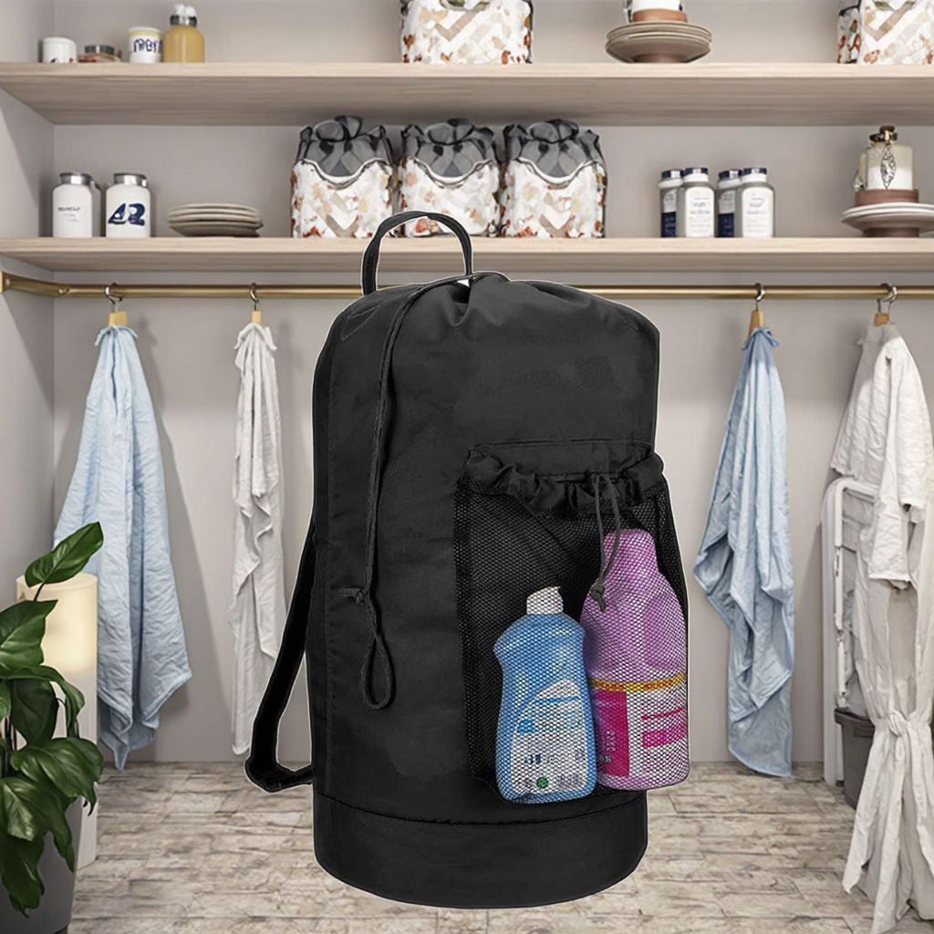 Backpack Laundry Bag, Laundry Backpack with Shoulder Straps and Mesh Pocket Durable Nylon Clothes Hamper Bag with Drawstring Closure for College, (Black) โ image 4