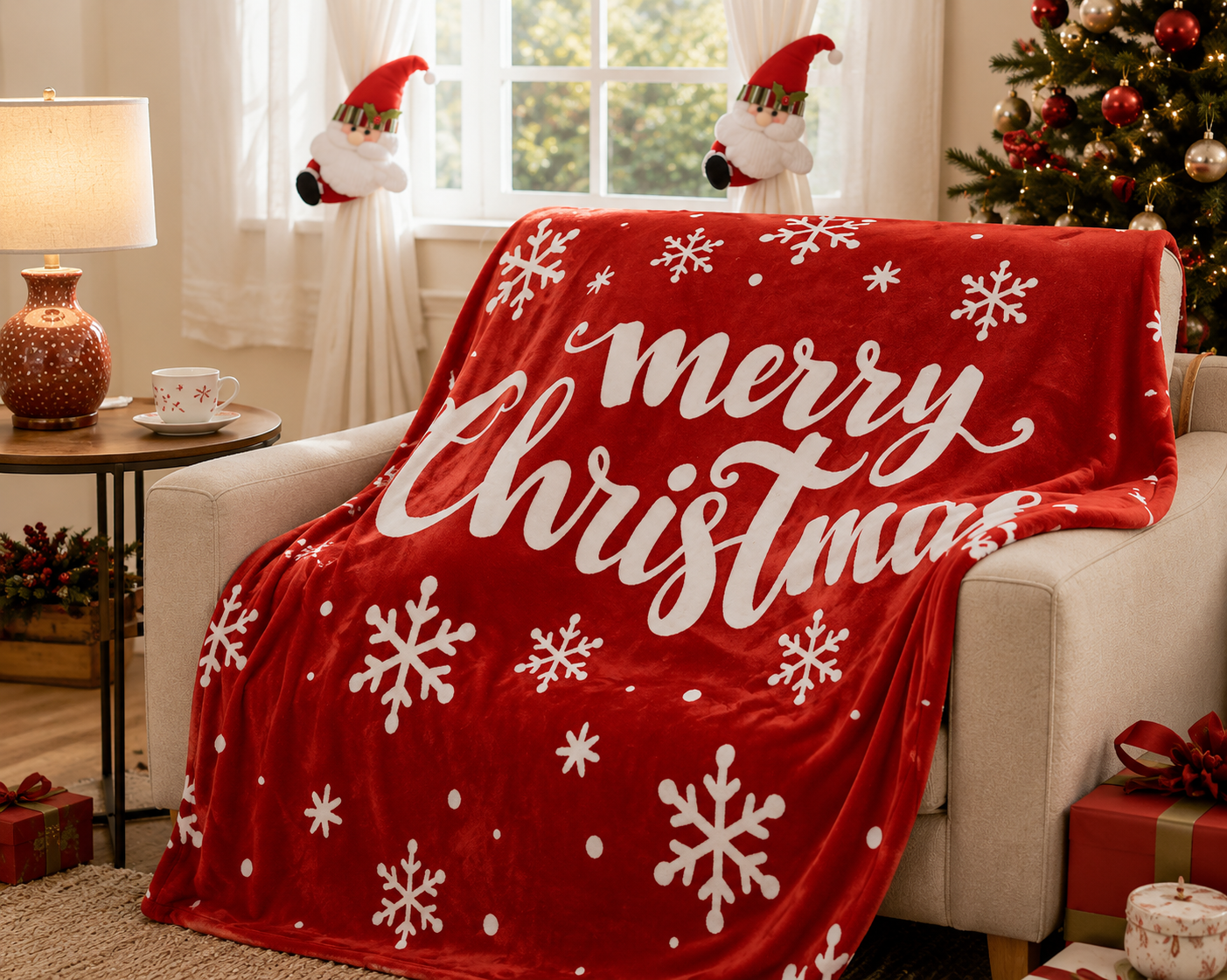 Christmas Flannel Throw Blanket and Santa Curtain Tieback Set, 150 × 200cm Thick Fleece Sofa Blanket with 2 Plush Santa Velcro Curtain Holders for Holiday Home — image 3