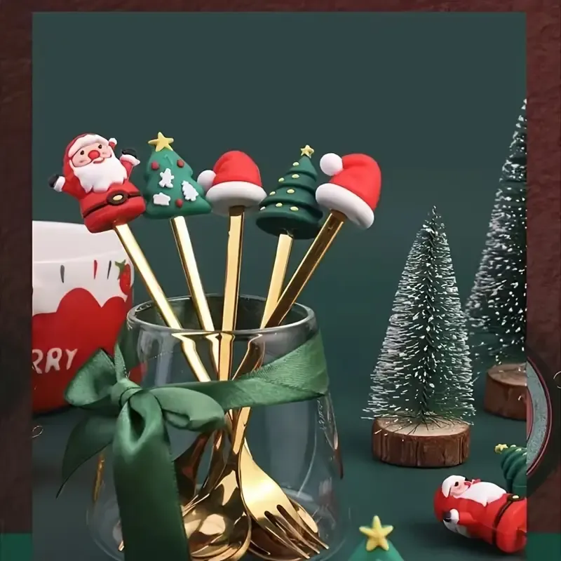 4PCS Christmas Cartoon Spoon & Fork Set – 3D Toppers, Gold Stainless Steel Dessert & Coffee Spoons, Fruit Forks, Festive Table Decor, Elegant Gift Box — image 6