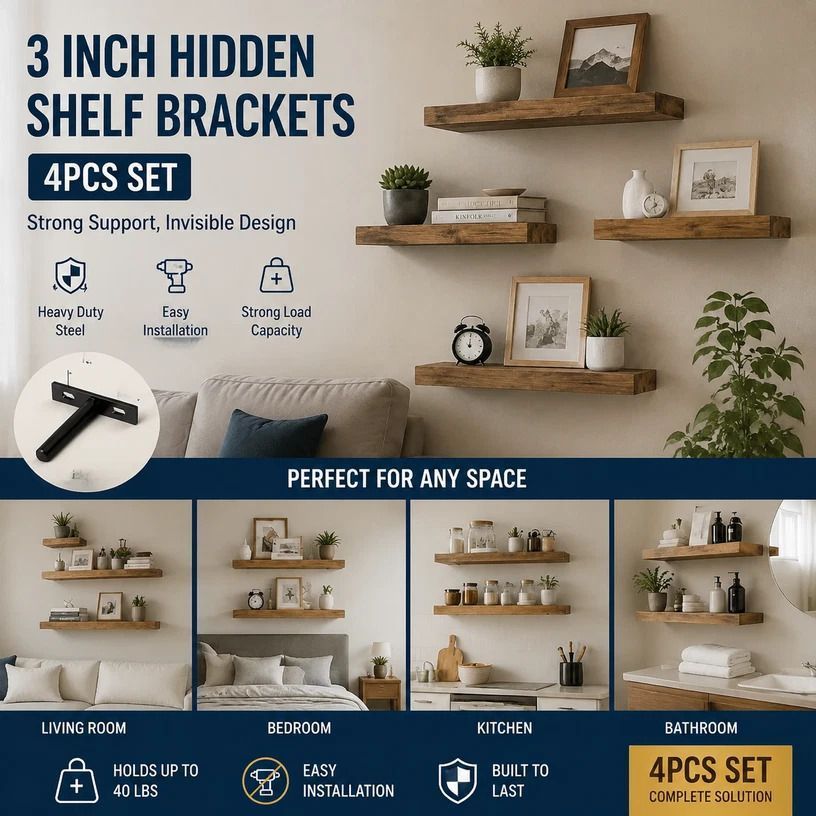 3" Black Hidden T Shelf Bracket 4Pcs w/ 5x60&5x80 Screws